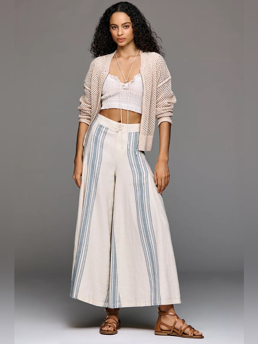 Pilcro Wide-Leg Striped Cream and Blue Pants